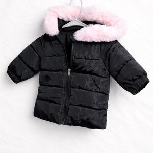 Black Puffer Jacket with Pink Fur Hood